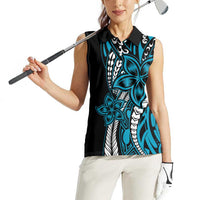 Polynesian Plumeria Floral Tattoo Pattern Women Sleeveless Polo Shirt Bllue Style