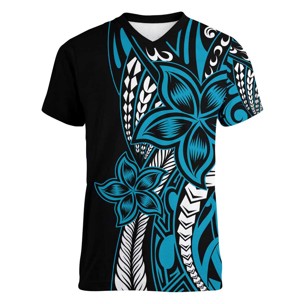 Polynesian Plumeria Floral Tattoo Pattern Women V-Neck T-Shirt Bllue Style