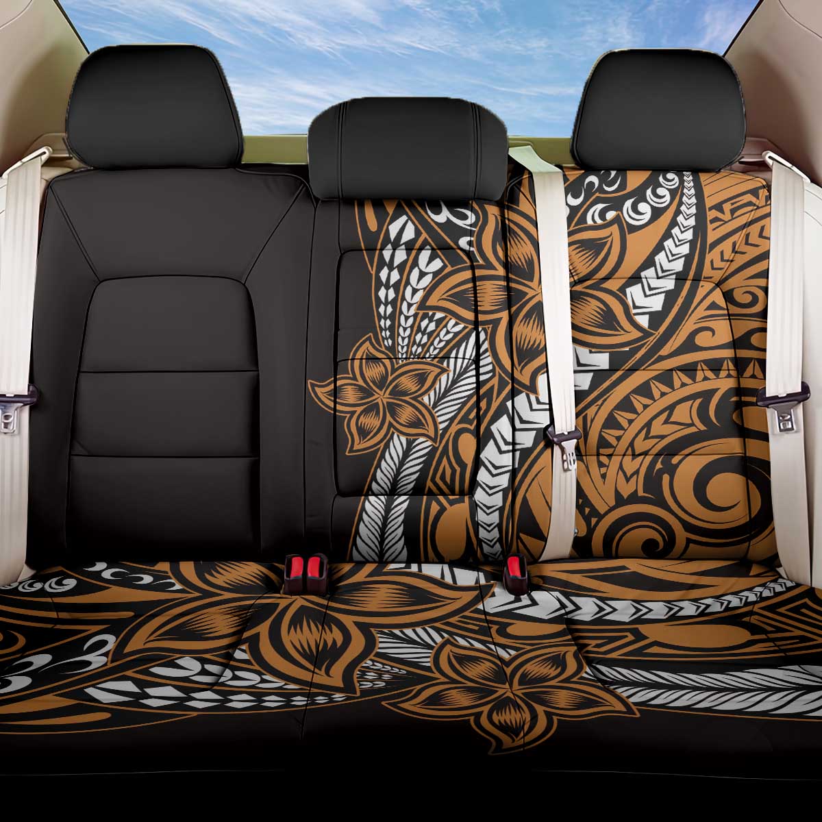Polynesian Plumeria Floral Tattoo Pattern Back Car Seat Cover Gold Style LT9 One Size Gold - Polynesian Pride