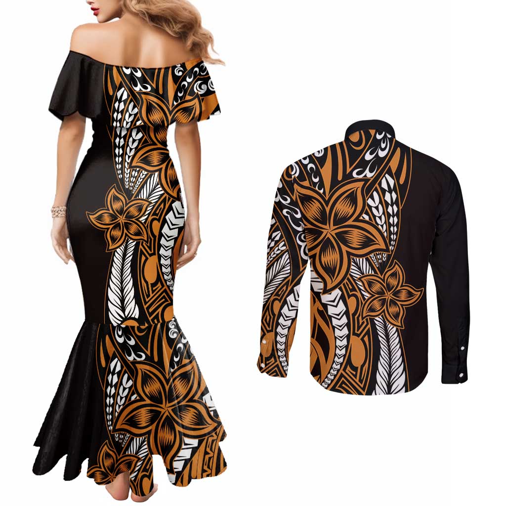 Polynesian Plumeria Floral Tattoo Pattern Couples Matching Mermaid Dress and Long Sleeve Button Shirt Gold Style