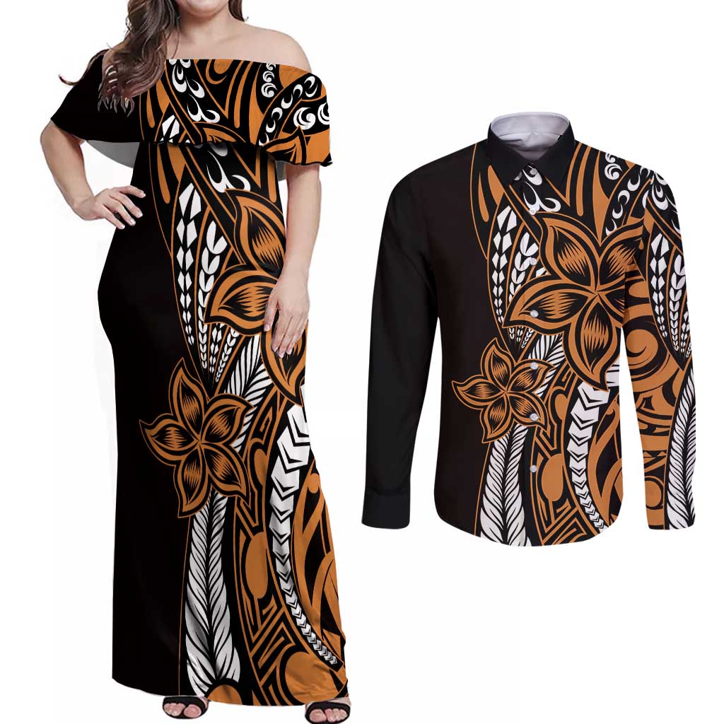 Polynesian Plumeria Floral Tattoo Pattern Couples Matching Off Shoulder Maxi Dress and Long Sleeve Button Shirt Gold Style