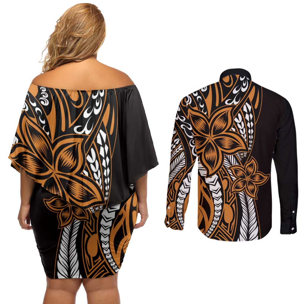 Polynesian Plumeria Floral Tattoo Pattern Couples Matching Off Shoulder Short Dress and Long Sleeve Button Shirt Gold Style