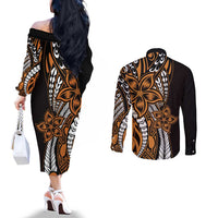 Polynesian Plumeria Floral Tattoo Pattern Couples Matching Off The Shoulder Long Sleeve Dress and Long Sleeve Button Shirt Gold Style