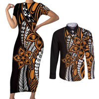 Polynesian Plumeria Floral Tattoo Pattern Couples Matching Short Sleeve Bodycon Dress and Long Sleeve Button Shirt Gold Style