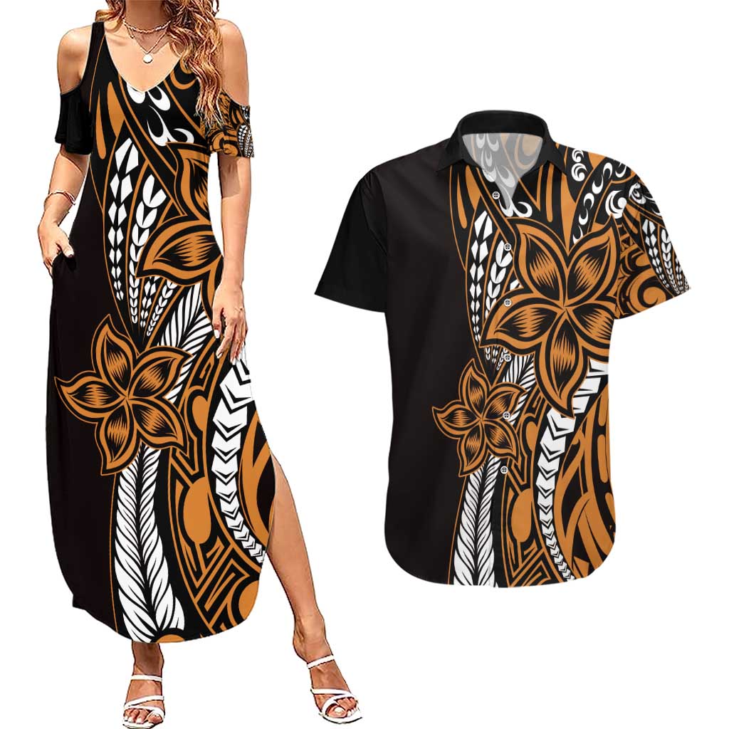 Polynesian Plumeria Floral Tattoo Pattern Couples Matching Summer Maxi Dress and Hawaiian Shirt Gold Style