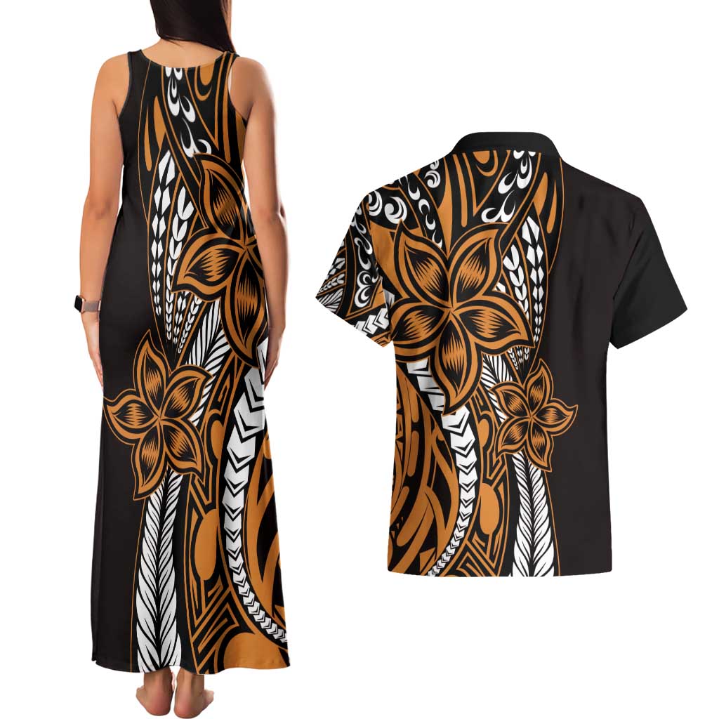 Polynesian Plumeria Floral Tattoo Pattern Couples Matching Tank Maxi Dress and Hawaiian Shirt Gold Style