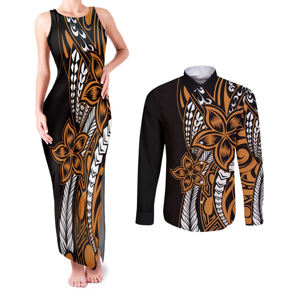 Polynesian Plumeria Floral Tattoo Pattern Couples Matching Tank Maxi Dress and Long Sleeve Button Shirt Gold Style