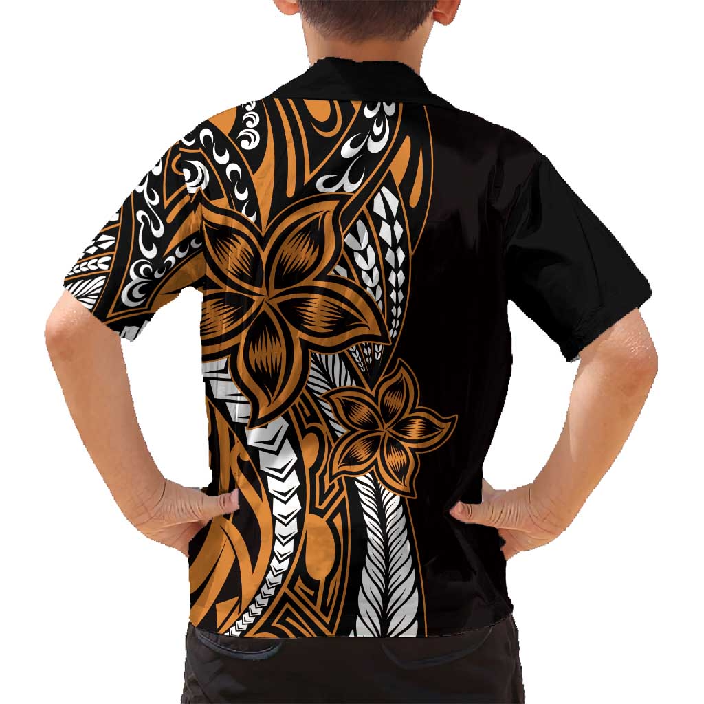 Polynesian Plumeria Floral Tattoo Pattern Family Matching Long Sleeve Bodycon Dress and Hawaiian Shirt Gold Style LT9 - Polynesian Pride