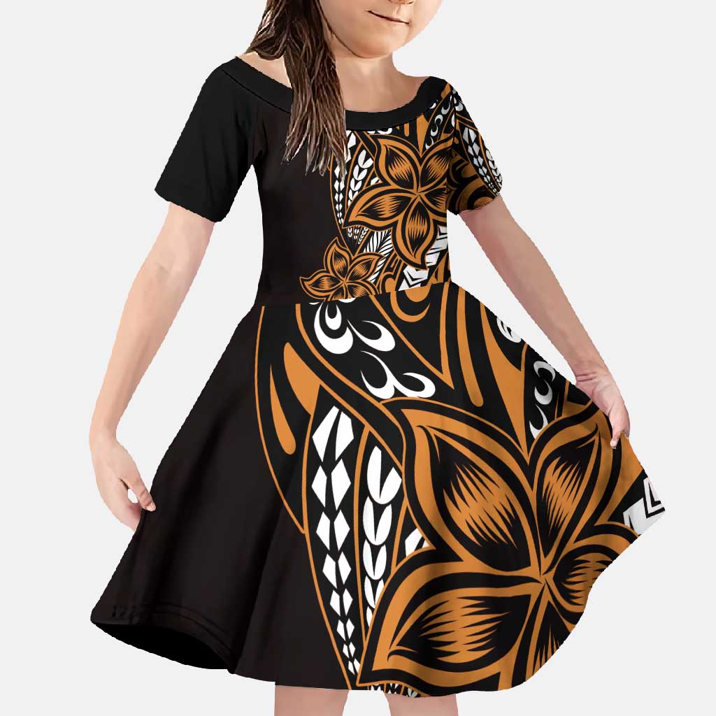 Polynesian Plumeria Floral Tattoo Pattern Family Matching Long Sleeve Bodycon Dress and Hawaiian Shirt Gold Style LT9 Daughter's Dress Gold - Polynesian Pride