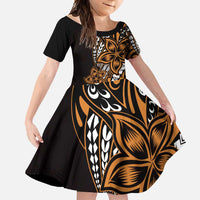Polynesian Plumeria Floral Tattoo Pattern Family Matching Long Sleeve Bodycon Dress and Hawaiian Shirt Gold Style LT9 Daughter's Dress Gold - Polynesian Pride