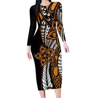 Polynesian Plumeria Floral Tattoo Pattern Family Matching Long Sleeve Bodycon Dress and Hawaiian Shirt Gold Style LT9 Mom's Dress Gold - Polynesian Pride
