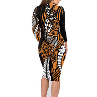 Polynesian Plumeria Floral Tattoo Pattern Family Matching Long Sleeve Bodycon Dress and Hawaiian Shirt Gold Style LT9 - Polynesian Pride