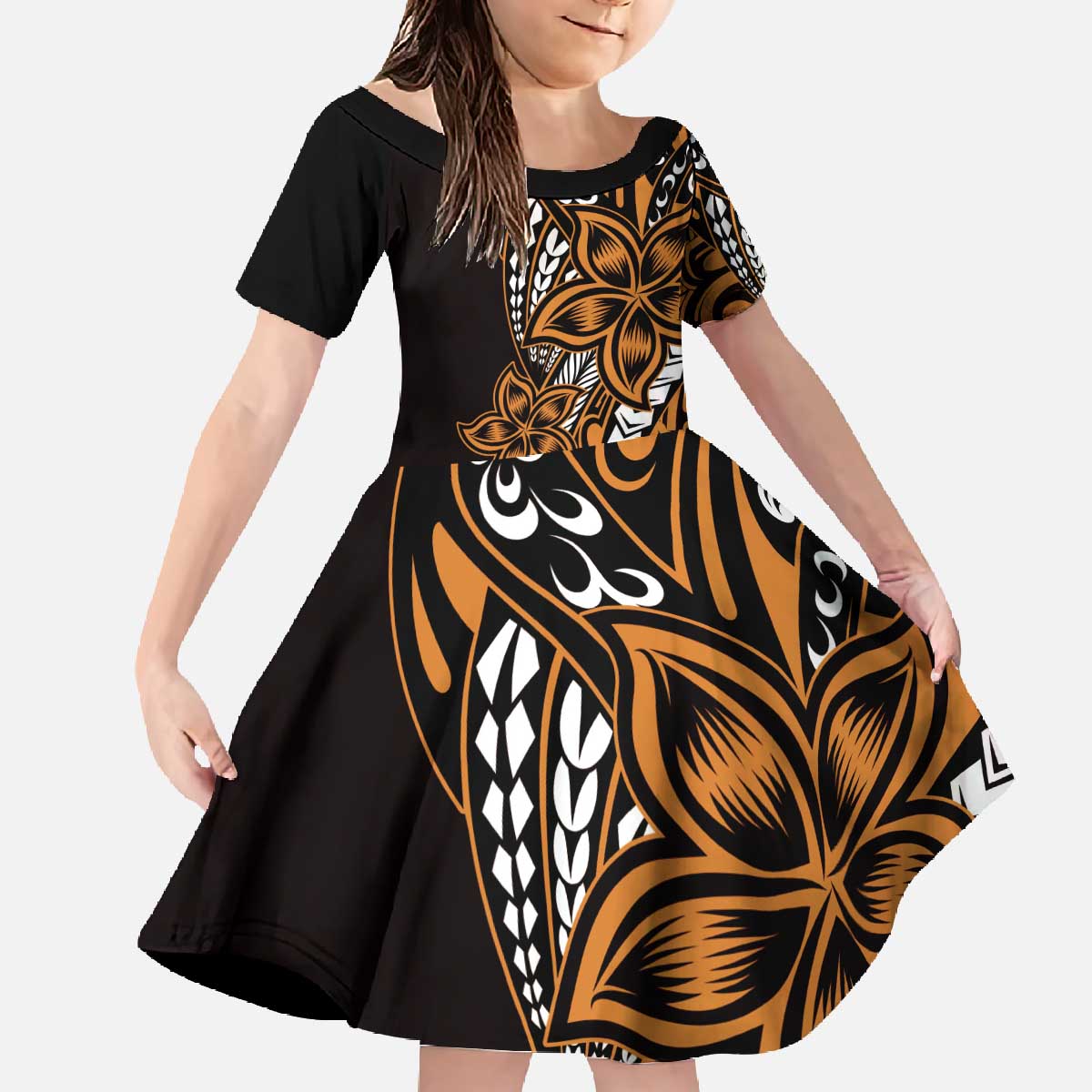Polynesian Plumeria Floral Tattoo Pattern Family Matching Off The Shoulder Long Sleeve Dress and Hawaiian Shirt Gold Style LT9 Daughter's Dress Gold - Polynesian Pride