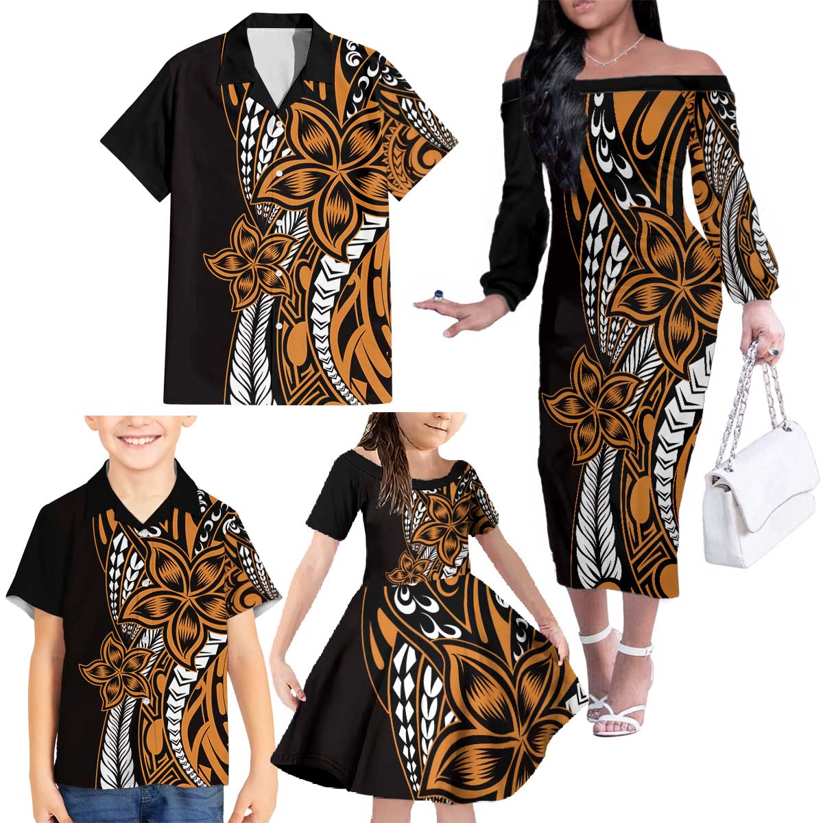 Polynesian Plumeria Floral Tattoo Pattern Family Matching Off The Shoulder Long Sleeve Dress and Hawaiian Shirt Gold Style LT9 - Polynesian Pride