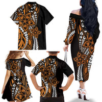 Polynesian Plumeria Floral Tattoo Pattern Family Matching Off The Shoulder Long Sleeve Dress and Hawaiian Shirt Gold Style LT9 - Polynesian Pride