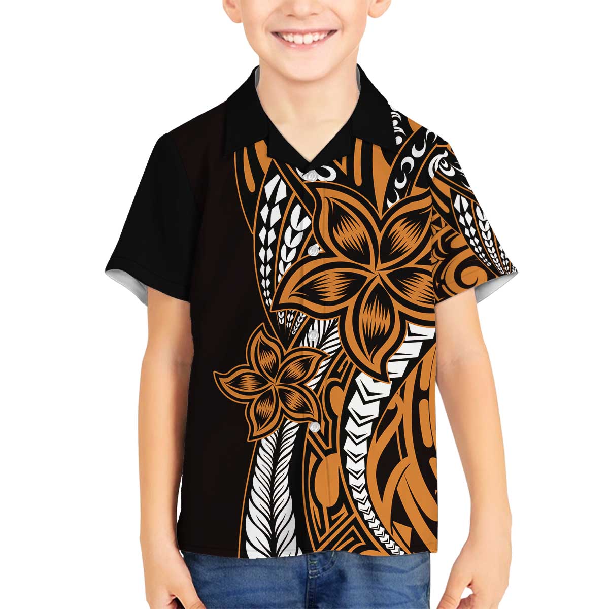 Polynesian Plumeria Floral Tattoo Pattern Family Matching Off The Shoulder Long Sleeve Dress and Hawaiian Shirt Gold Style LT9 Son's Shirt Gold - Polynesian Pride
