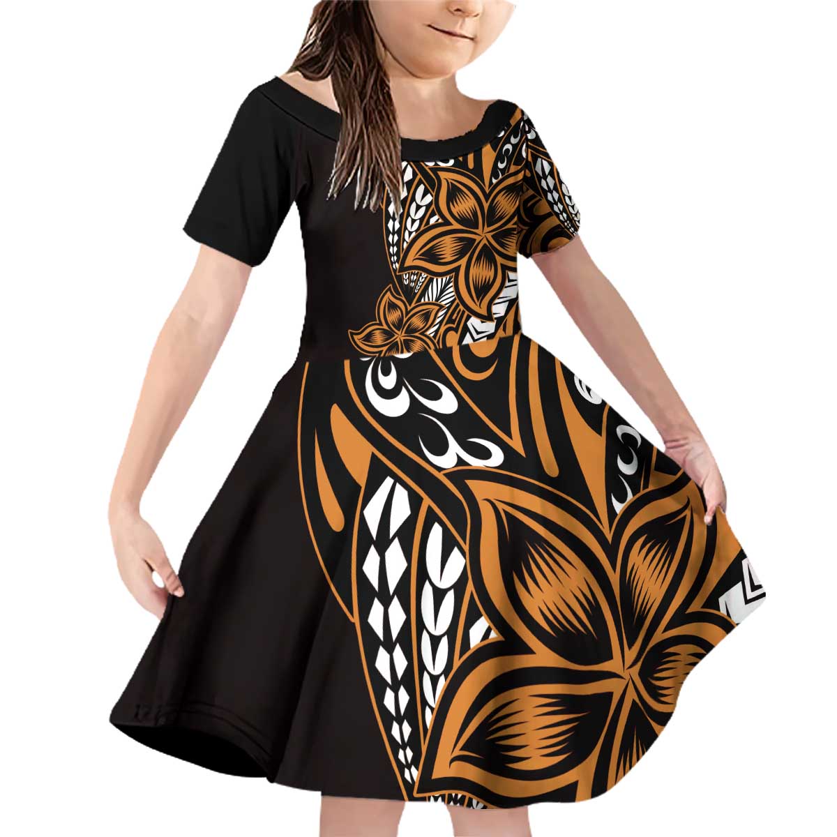 Polynesian Plumeria Floral Tattoo Pattern Family Matching Off Shoulder Short Dress and Hawaiian Shirt Gold Style LT9 Daughter's Dress Gold - Polynesian Pride