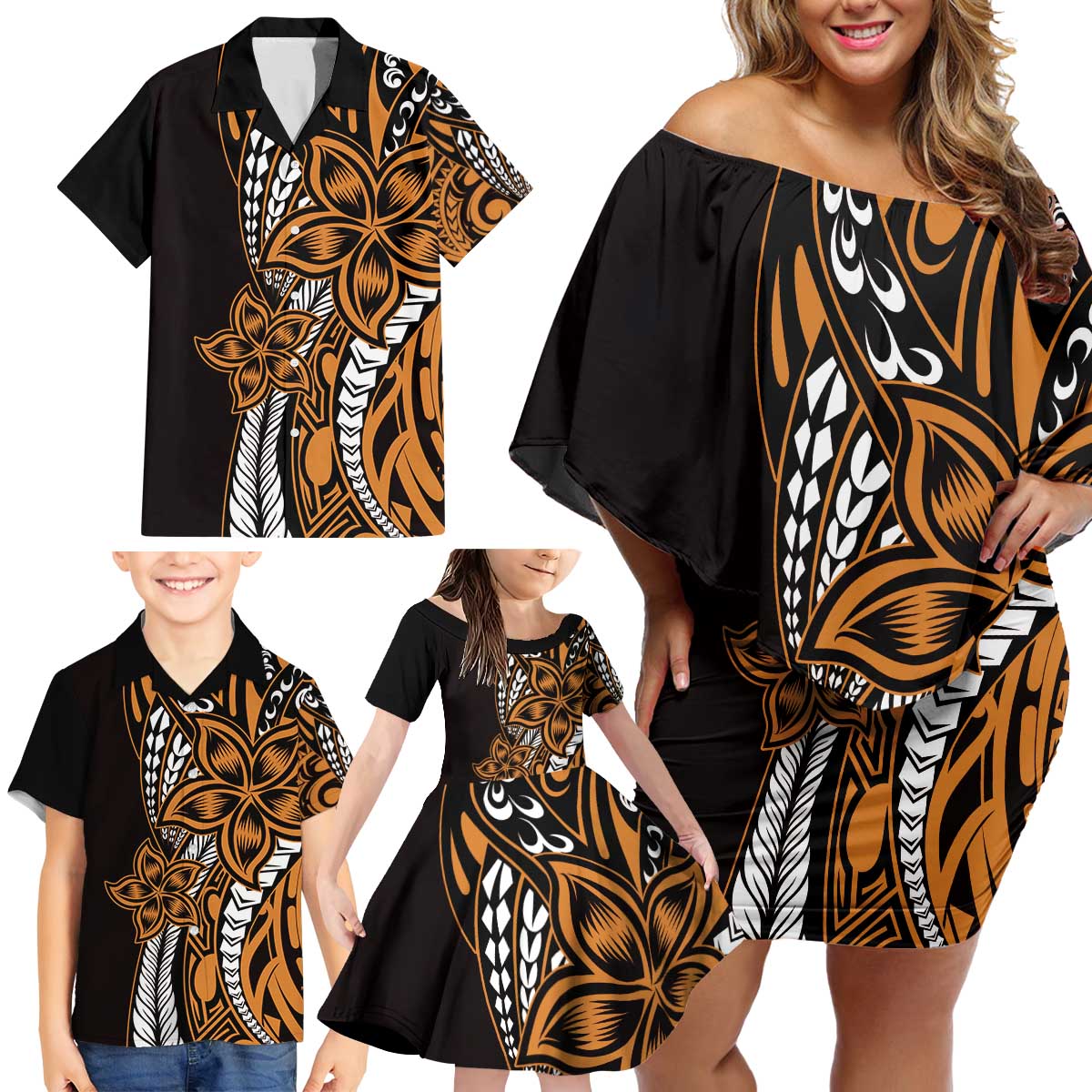 Polynesian Plumeria Floral Tattoo Pattern Family Matching Off Shoulder Short Dress and Hawaiian Shirt Gold Style LT9 - Polynesian Pride