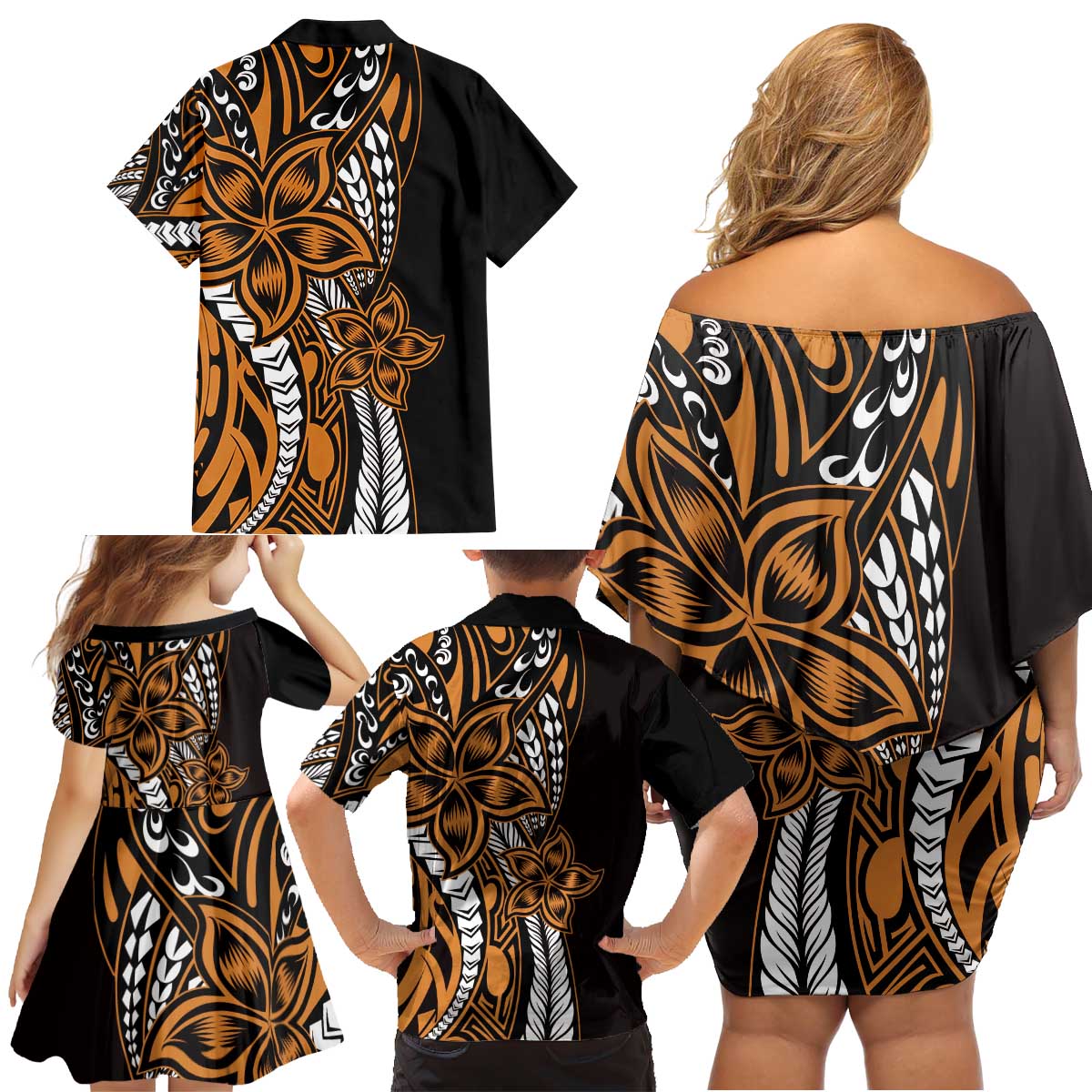 Polynesian Plumeria Floral Tattoo Pattern Family Matching Off Shoulder Short Dress and Hawaiian Shirt Gold Style LT9 - Polynesian Pride