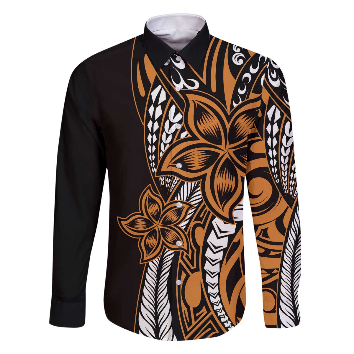 Polynesian Plumeria Floral Tattoo Pattern Family Matching Off Shoulder Short Dress and Hawaiian Shirt Gold Style LT9 Dad's Shirt - Long Sleeve Gold - Polynesian Pride
