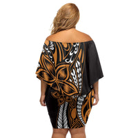 Polynesian Plumeria Floral Tattoo Pattern Family Matching Off Shoulder Short Dress and Hawaiian Shirt Gold Style LT9 - Polynesian Pride