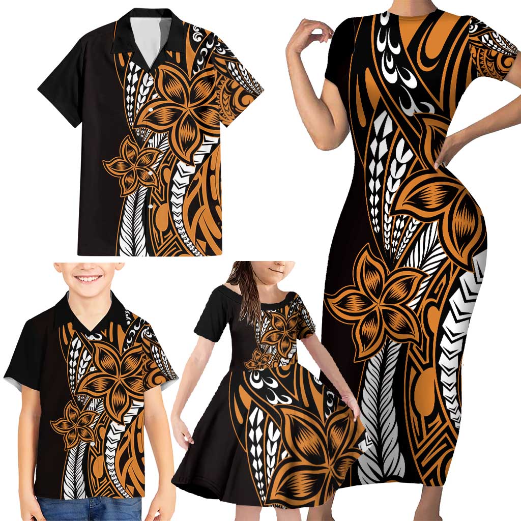 Polynesian Plumeria Floral Tattoo Pattern Family Matching Short Sleeve Bodycon Dress and Hawaiian Shirt Gold Style LT9 - Polynesian Pride