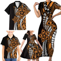 Polynesian Plumeria Floral Tattoo Pattern Family Matching Short Sleeve Bodycon Dress and Hawaiian Shirt Gold Style LT9 - Polynesian Pride