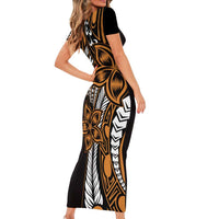 Polynesian Plumeria Floral Tattoo Pattern Family Matching Short Sleeve Bodycon Dress and Hawaiian Shirt Gold Style LT9 - Polynesian Pride