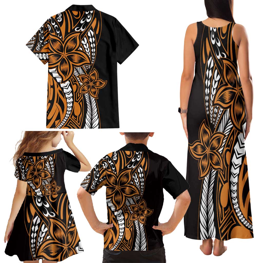 Polynesian Plumeria Floral Tattoo Pattern Family Matching Tank Maxi Dress and Hawaiian Shirt Gold Style LT9 - Polynesian Pride