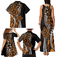 Polynesian Plumeria Floral Tattoo Pattern Family Matching Tank Maxi Dress and Hawaiian Shirt Gold Style LT9 - Polynesian Pride