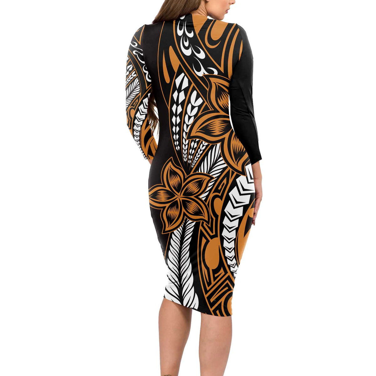 Polynesian Plumeria Floral Tattoo Pattern Long Sleeve Bodycon Dress Gold Style LT9 - Polynesian Pride