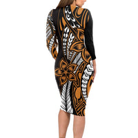 Polynesian Plumeria Floral Tattoo Pattern Long Sleeve Bodycon Dress Gold Style LT9 - Polynesian Pride