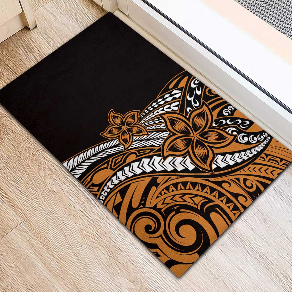 Polynesian Plumeria Floral Tattoo Pattern Rubber Doormat Gold Style