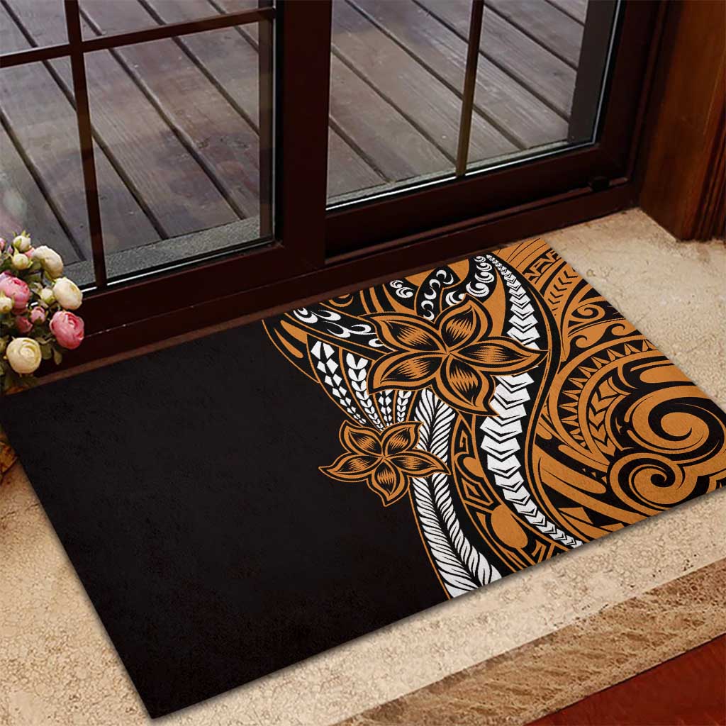 Polynesian Plumeria Floral Tattoo Pattern Rubber Doormat Gold Style