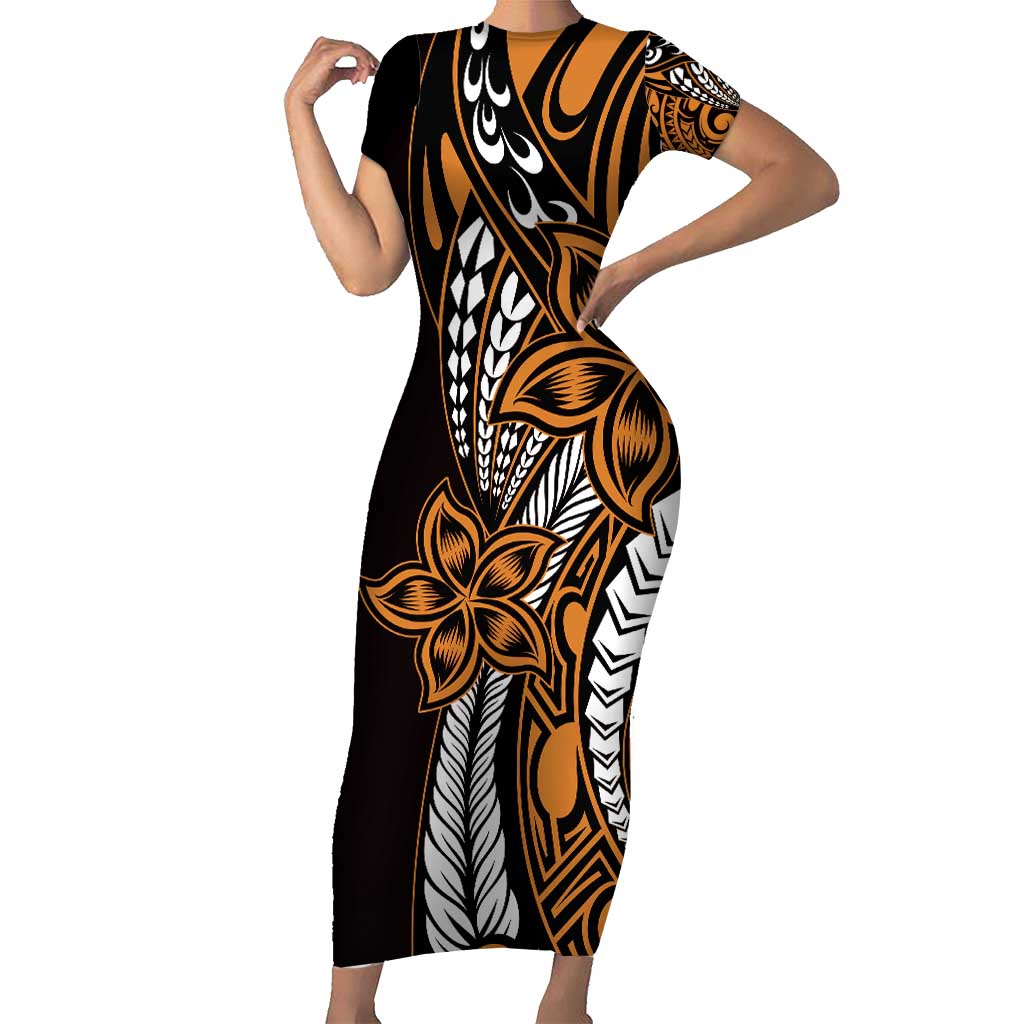 Polynesian Plumeria Floral Tattoo Pattern Short Sleeve Bodycon Dress Gold Style LT9 Long Dress Gold - Polynesian Pride