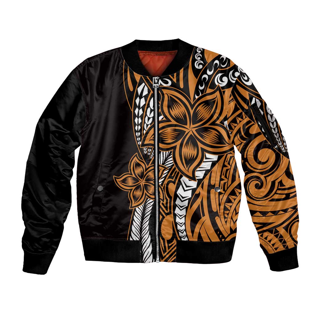 Polynesian Plumeria Floral Tattoo Pattern Sleeve Zip Bomber Jacket Gold Style LT9 Unisex Gold - Polynesian Pride