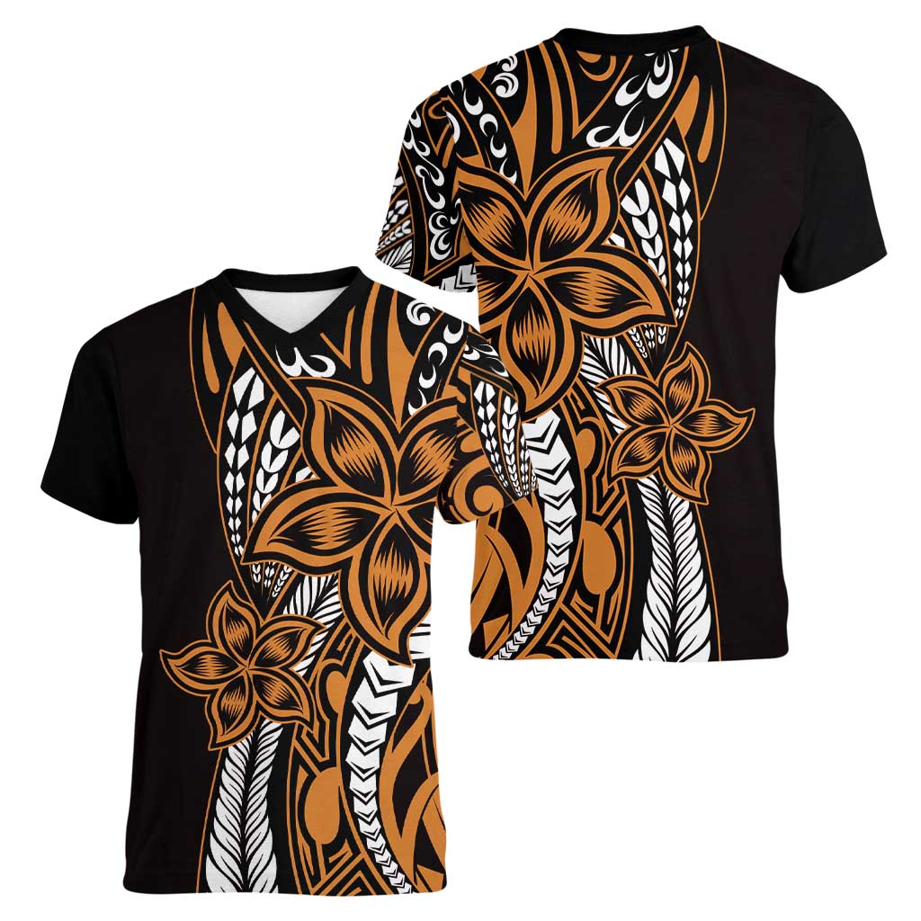 Polynesian Plumeria Floral Tattoo Pattern Women V-Neck T-Shirt Gold Style