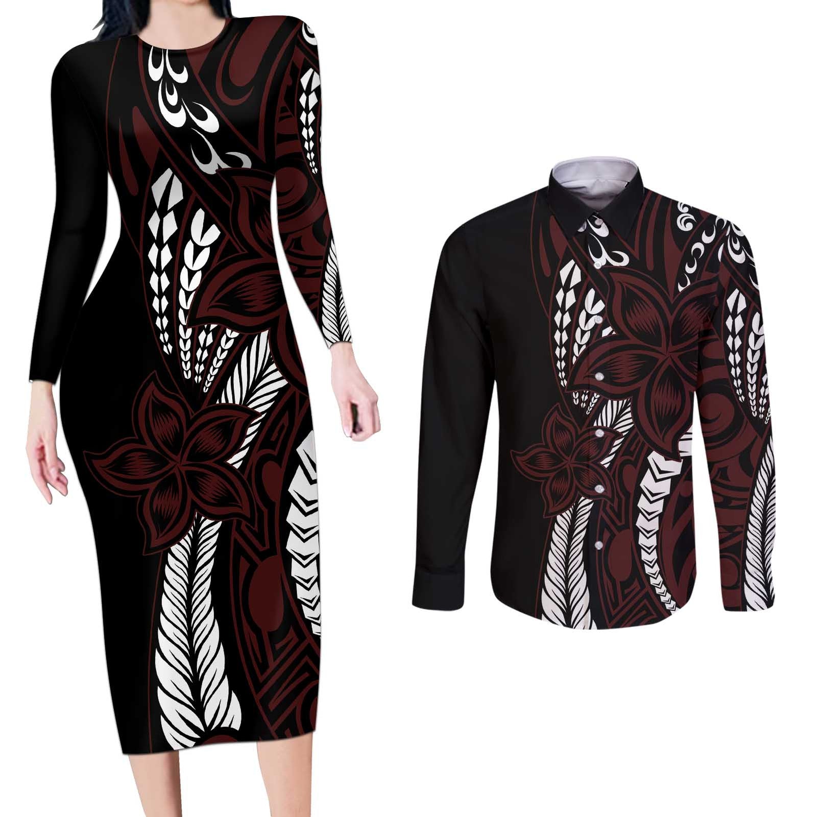 Polynesian Plumeria Floral Tattoo Pattern Couples Matching Long Sleeve Bodycon Dress and Long Sleeve Button Shirt Oxblood Style