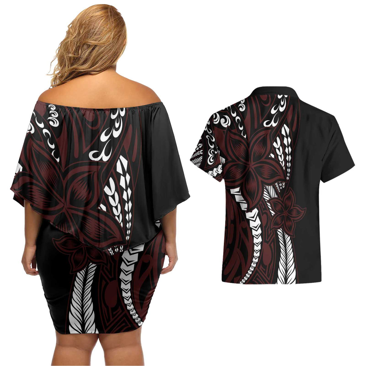 Polynesian Plumeria Floral Tattoo Pattern Couples Matching Off Shoulder Short Dress and Hawaiian Shirt Oxblood Style