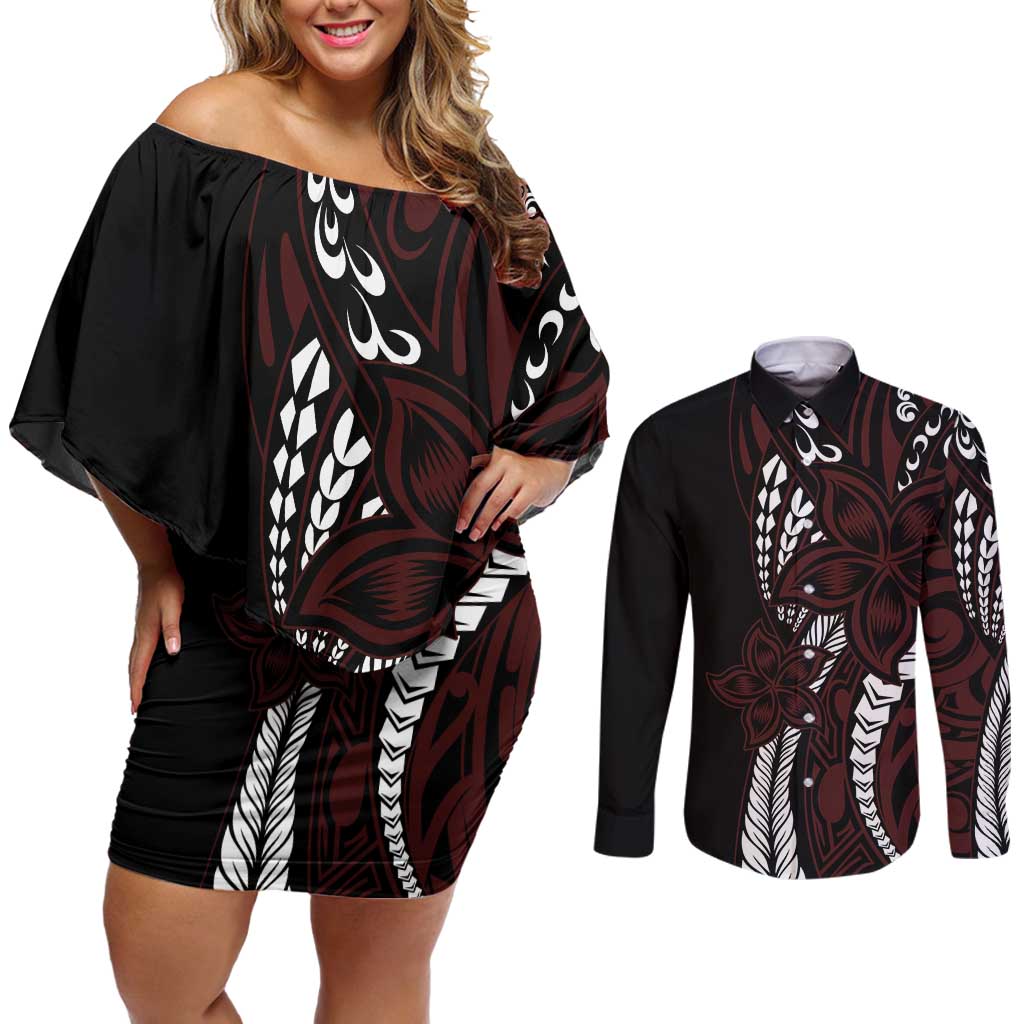 Polynesian Plumeria Floral Tattoo Pattern Couples Matching Off Shoulder Short Dress and Long Sleeve Button Shirt Oxblood Style