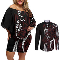 Polynesian Plumeria Floral Tattoo Pattern Couples Matching Off Shoulder Short Dress and Long Sleeve Button Shirt Oxblood Style