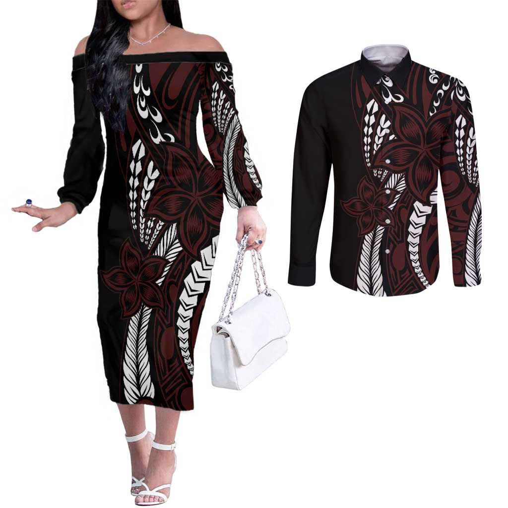 Polynesian Plumeria Floral Tattoo Pattern Couples Matching Off The Shoulder Long Sleeve Dress and Long Sleeve Button Shirt Oxblood Style