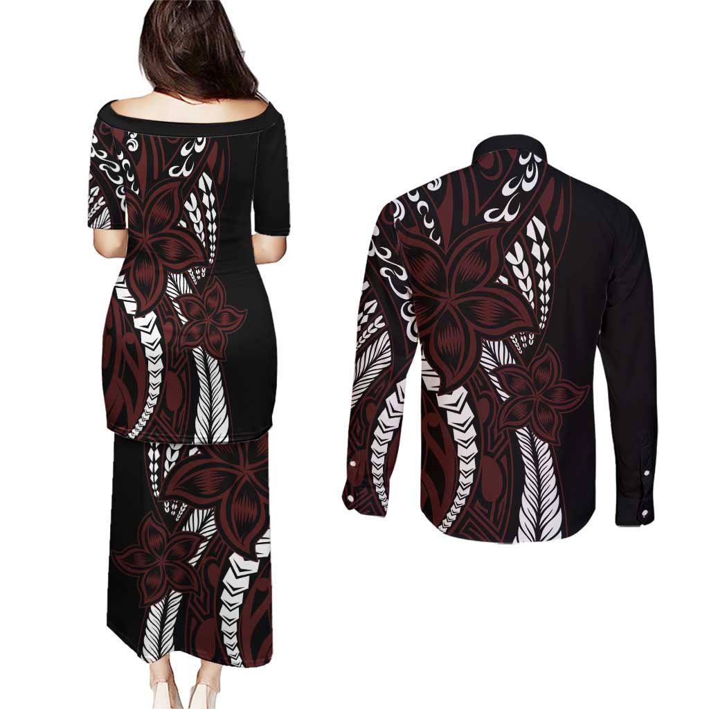 Polynesian Plumeria Floral Tattoo Pattern Couples Matching Puletasi and Long Sleeve Button Shirt Oxblood Style