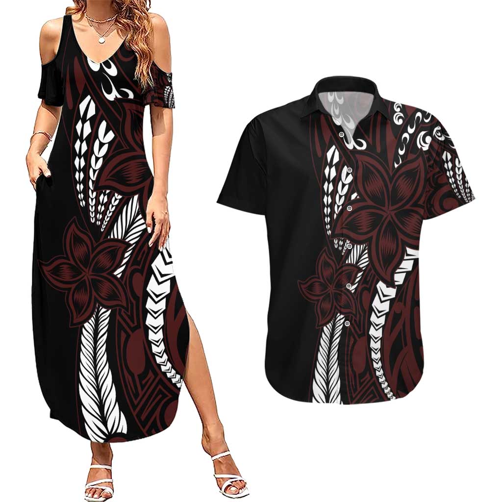 Polynesian Plumeria Floral Tattoo Pattern Couples Matching Summer Maxi Dress and Hawaiian Shirt Oxblood Style
