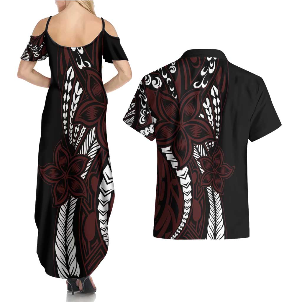 Polynesian Plumeria Floral Tattoo Pattern Couples Matching Summer Maxi Dress and Hawaiian Shirt Oxblood Style