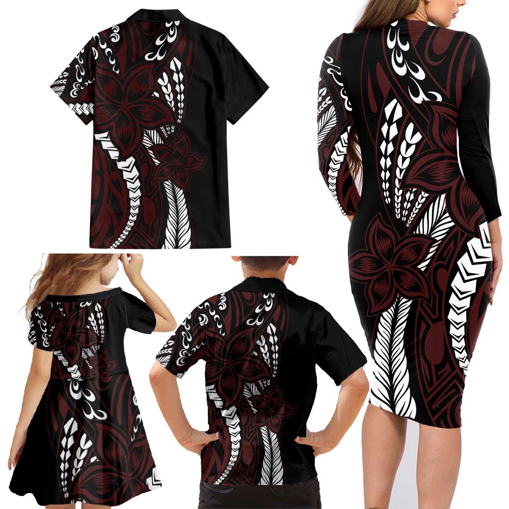Polynesian Plumeria Floral Tattoo Pattern Family Matching Long Sleeve Bodycon Dress and Hawaiian Shirt Oxblood Style LT9 - Polynesian Pride