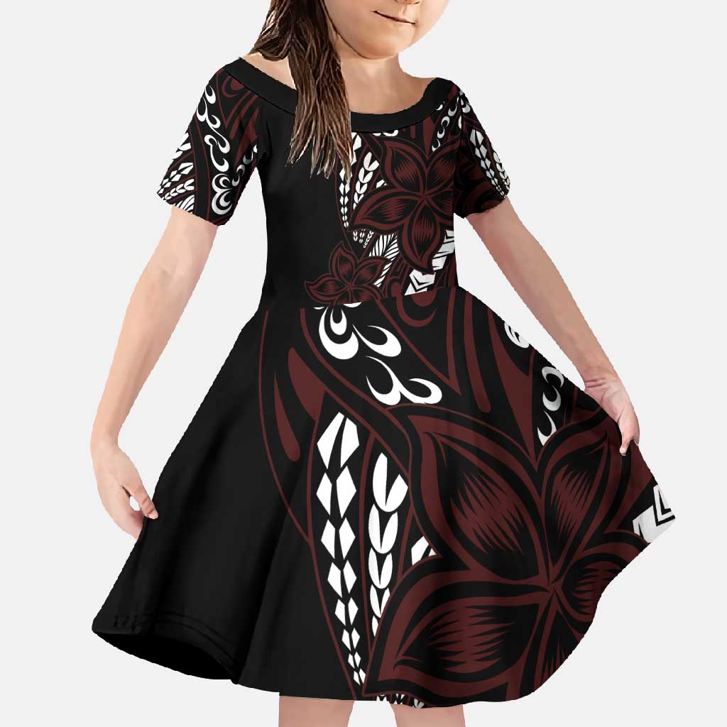 Polynesian Plumeria Floral Tattoo Pattern Family Matching Off Shoulder Maxi Dress and Hawaiian Shirt Oxblood Style LT9 Daughter's Dress Oxblood - Polynesian Pride