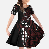 Polynesian Plumeria Floral Tattoo Pattern Family Matching Off Shoulder Maxi Dress and Hawaiian Shirt Oxblood Style LT9 Daughter's Dress Oxblood - Polynesian Pride
