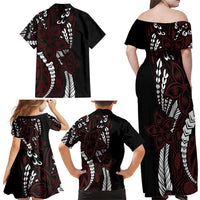 Polynesian Plumeria Floral Tattoo Pattern Family Matching Off Shoulder Maxi Dress and Hawaiian Shirt Oxblood Style LT9 - Polynesian Pride