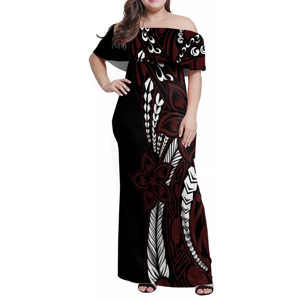 Polynesian Plumeria Floral Tattoo Pattern Family Matching Off Shoulder Maxi Dress and Hawaiian Shirt Oxblood Style LT9 Mom's Dress Oxblood - Polynesian Pride